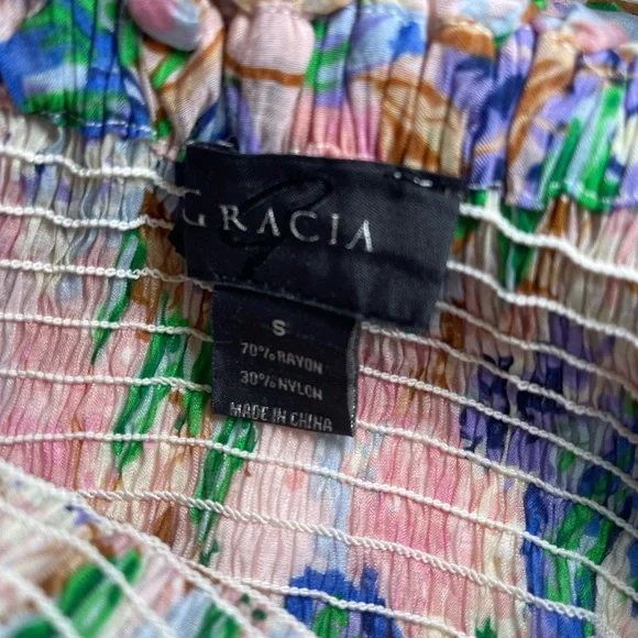 Gracia White, Blue, Print, Ruffled Long Sleeve Blouse, 70% Rayon, 30% Nylon - Picture 4 of 10